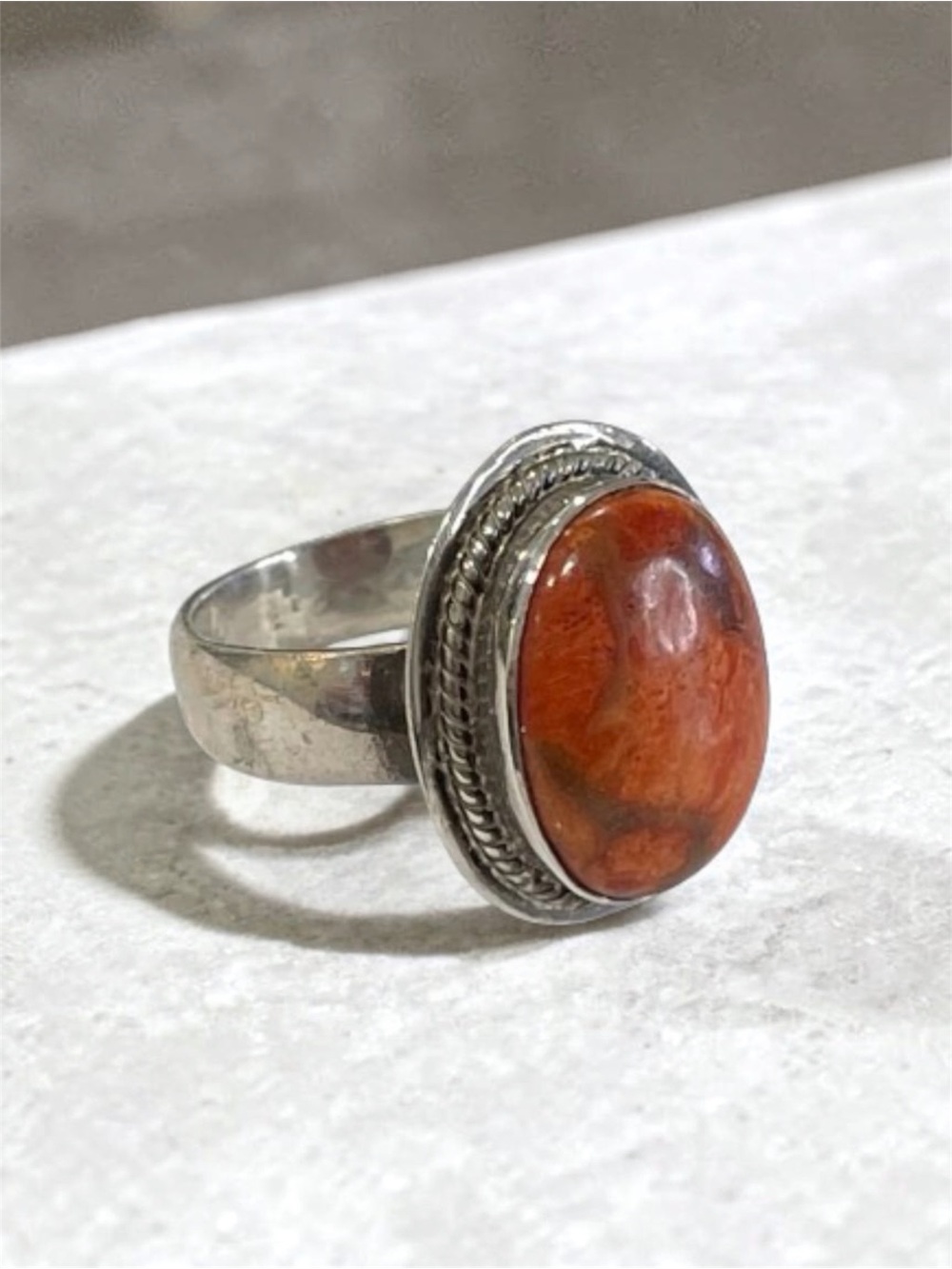 Bohemian Nepal Handmade Sterling Silver Orange Stone Oval Ring size 7